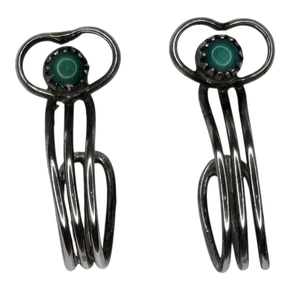 Vintage Hoop Earrings Sterling Silver Small Green Turquoise‎ Southwest Studs